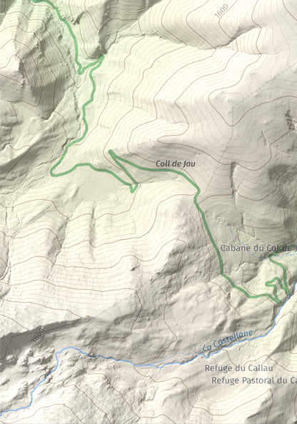 Mapa de relieve de Tuc Dormidor, 1843 m, Conflent, lámina 100 Cims de Trobart. Detalle de la zona inferior izquierda. 21 × 30 cm.