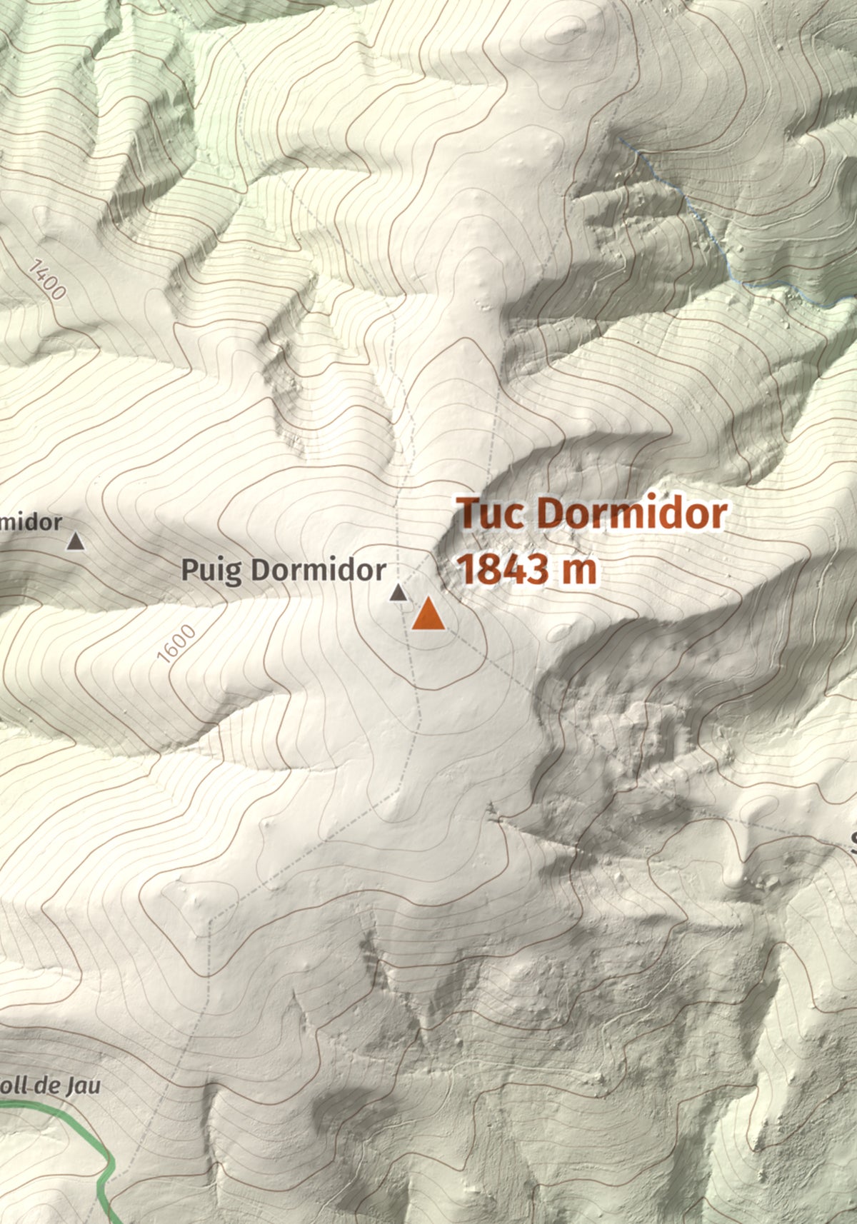 Mapa de relieve de Tuc Dormidor, 1843 m, Conflent, lámina 100 Cims de Trobart. Detalle de la zona central. 21 × 30 cm.