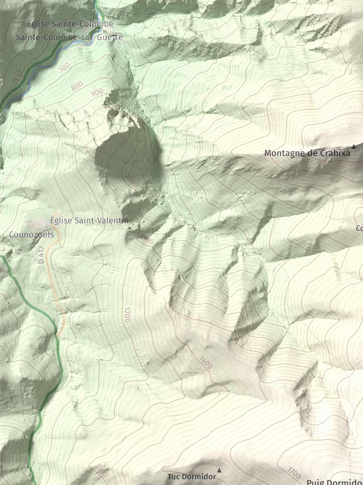 Mapa de relieve de Tuc Dormidor, 1843 m, Conflent, lámina 100 Cims de Trobart. Detalle de la zona superior izquierda. 30 × 40 cm.
