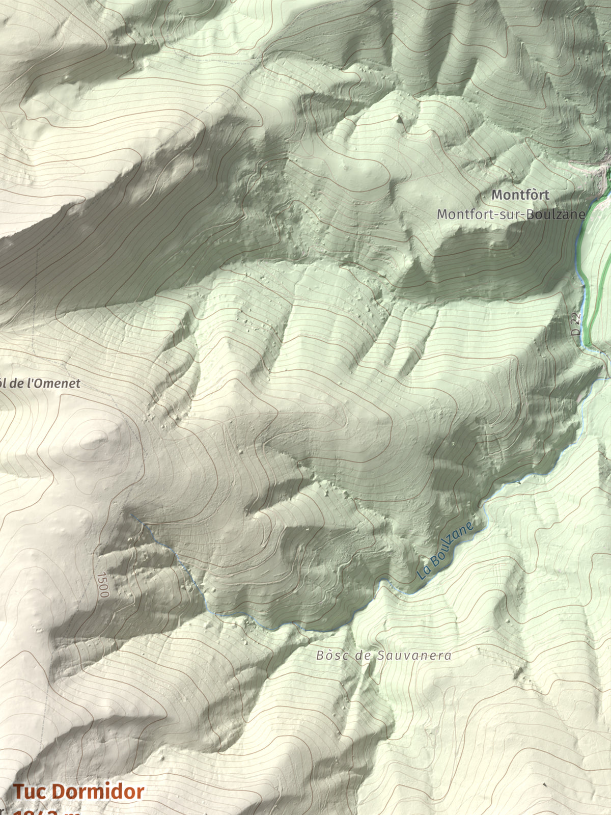 Mapa de relieve de Tuc Dormidor, 1843 m, Conflent, lámina 100 Cims de Trobart. Detalle de la zona superior derecha. 30 × 40 cm.