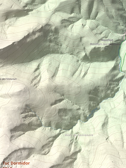Mapa de relieve de Tuc Dormidor, 1843 m, Conflent, lámina 100 Cims de Trobart. Detalle de la zona superior derecha. 30 × 40 cm.