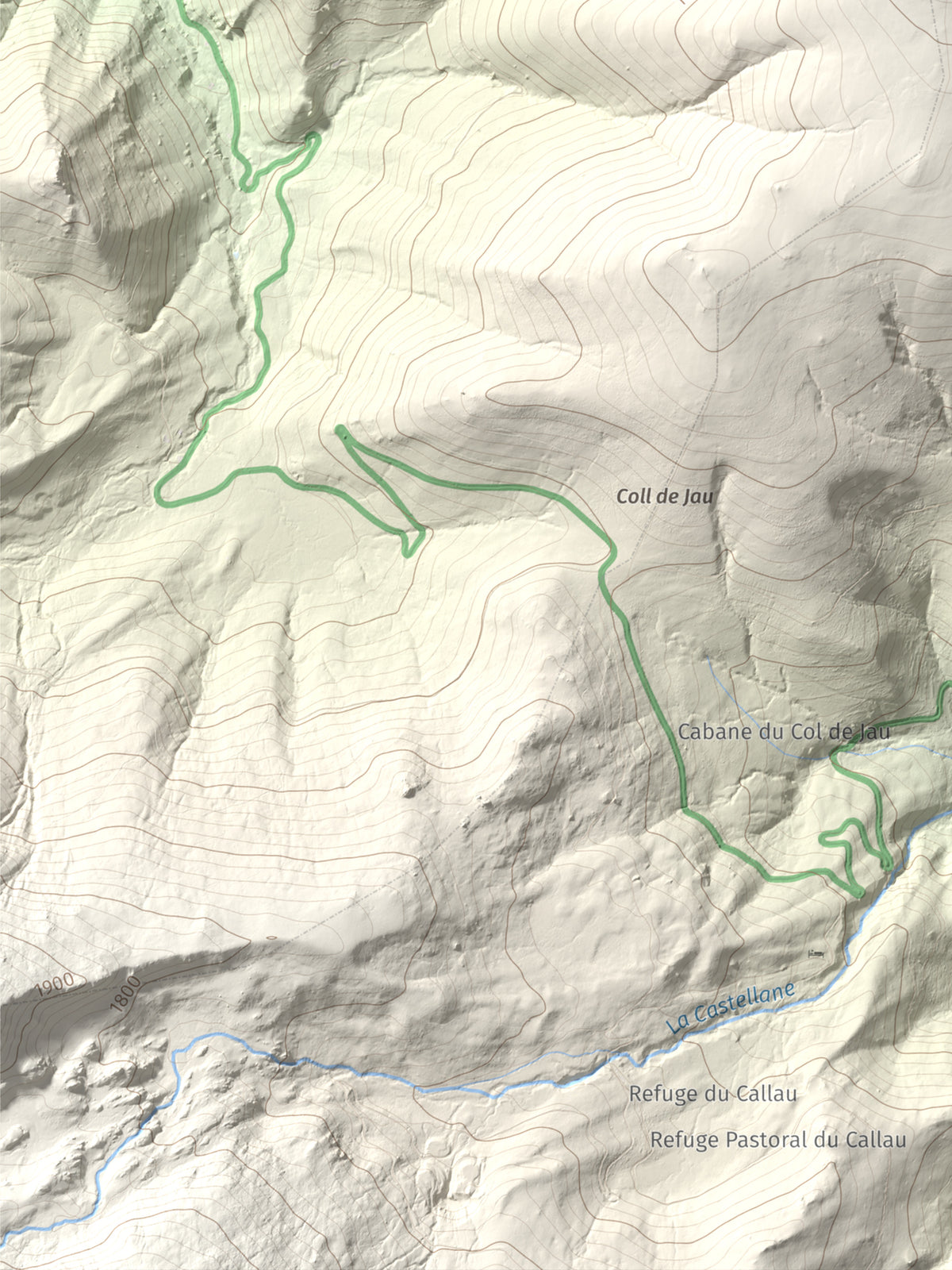 Mapa de relieve de Tuc Dormidor, 1843 m, Conflent, lámina 100 Cims de Trobart. Detalle de la zona inferior izquierda. 30 × 40 cm.