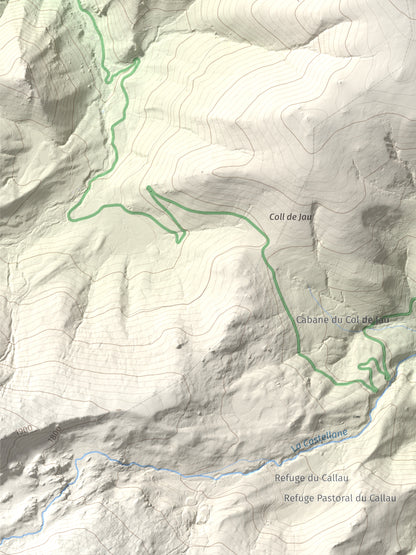 Mapa de relieve de Tuc Dormidor, 1843 m, Conflent, lámina 100 Cims de Trobart. Detalle de la zona inferior izquierda. 30 × 40 cm.