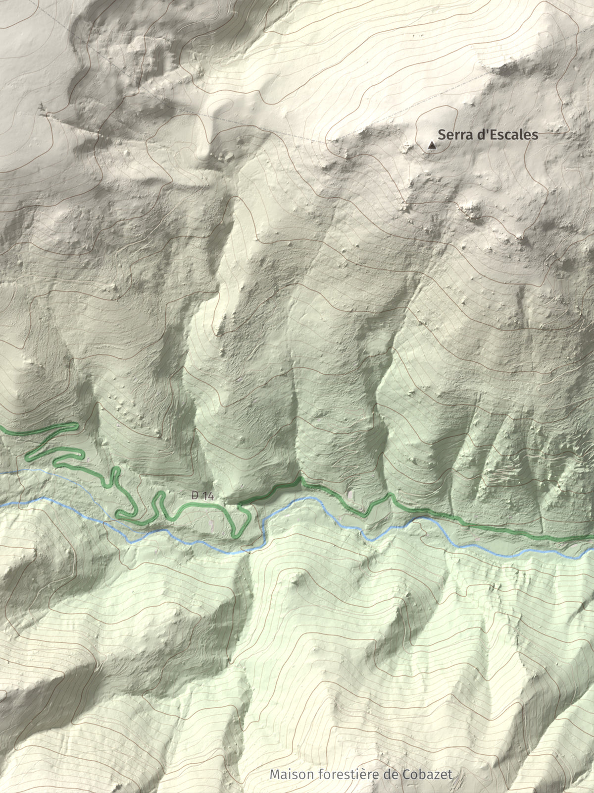 Mapa de relieve de Tuc Dormidor, 1843 m, Conflent, lámina 100 Cims de Trobart. Detalle de la zona inferior derecha. 30 × 40 cm.
