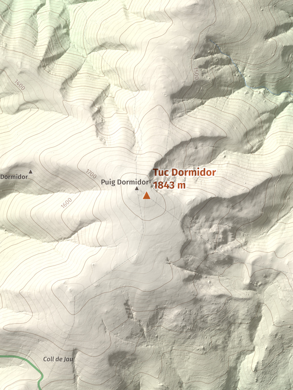 Mapa de relieve de Tuc Dormidor, 1843 m, Conflent, lámina 100 Cims de Trobart. Detalle de la zona central. 30 × 40 cm.