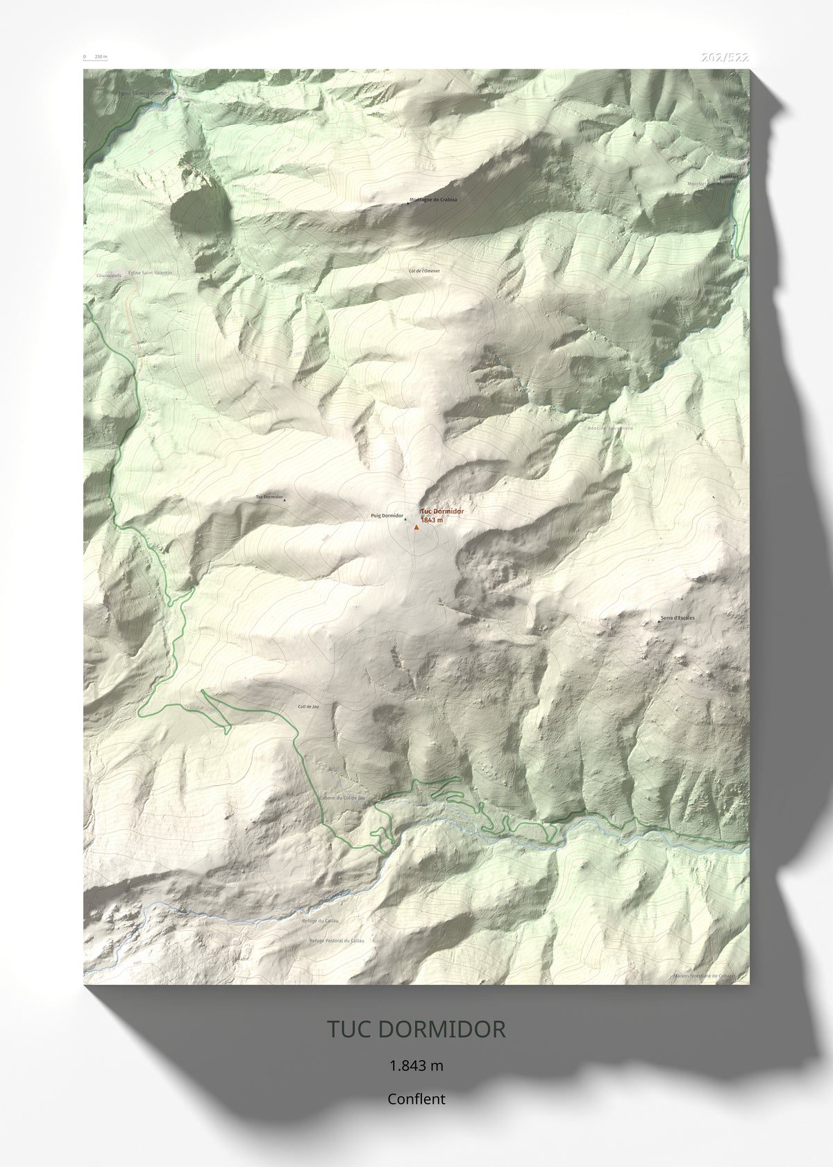 Mapa de relieve de Tuc Dormidor, 1843 m, Conflent, lámina 100 Cims de Trobart 50 × 70 cm.