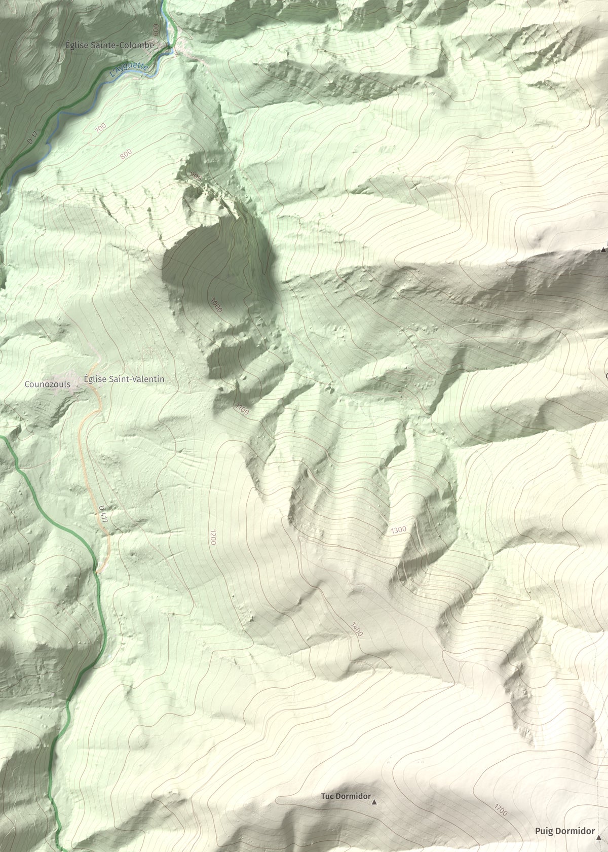 Mapa de relieve de Tuc Dormidor, 1843 m, Conflent, lámina 100 Cims de Trobart. Detalle de la zona superior izquierda. 50 × 70 cm.