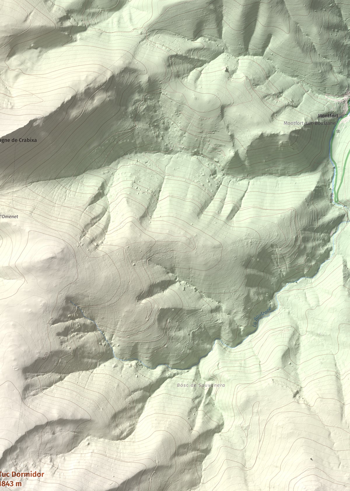 Mapa de relieve de Tuc Dormidor, 1843 m, Conflent, lámina 100 Cims de Trobart. Detalle de la zona superior derecha. 50 × 70 cm.