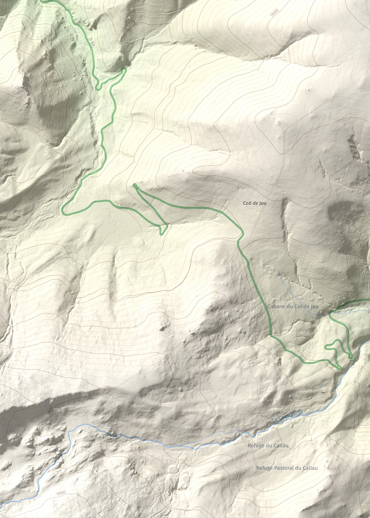 Mapa de relieve de Tuc Dormidor, 1843 m, Conflent, lámina 100 Cims de Trobart. Detalle de la zona inferior izquierda. 50 × 70 cm.