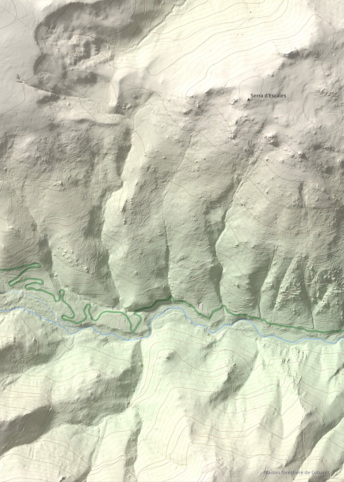 Mapa de relieve de Tuc Dormidor, 1843 m, Conflent, lámina 100 Cims de Trobart. Detalle de la zona inferior derecha. 50 × 70 cm.