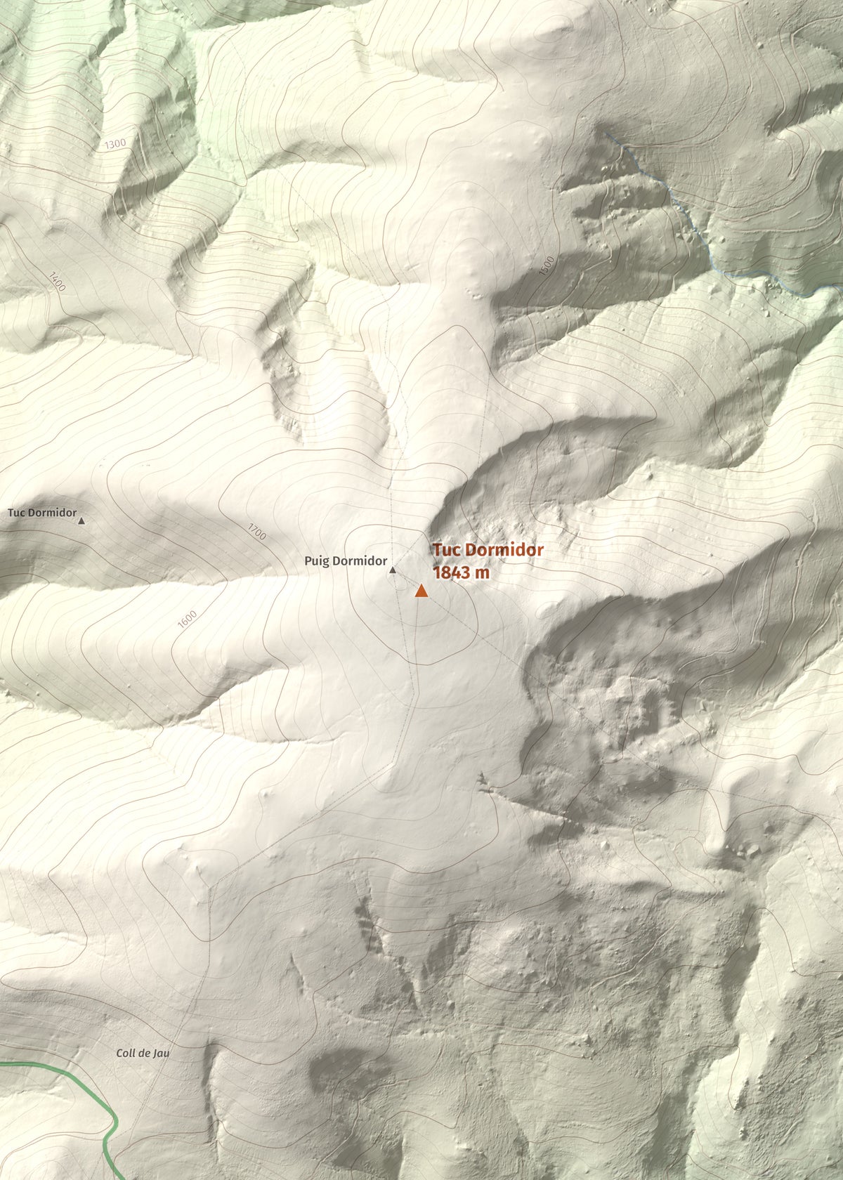 Mapa de relieve de Tuc Dormidor, 1843 m, Conflent, lámina 100 Cims de Trobart. Detalle de la zona central. 50 × 70 cm.