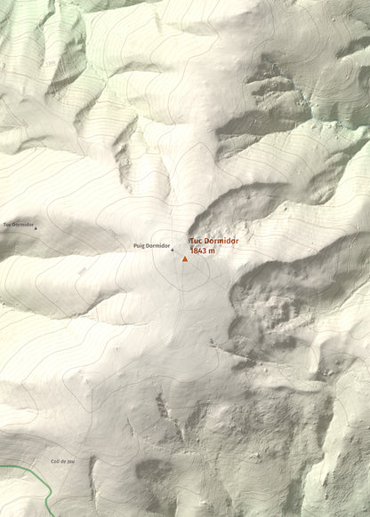 Mapa de relieve de Tuc Dormidor, 1843 m, Conflent, lámina 100 Cims de Trobart. Detalle de la zona central. 50 × 70 cm.