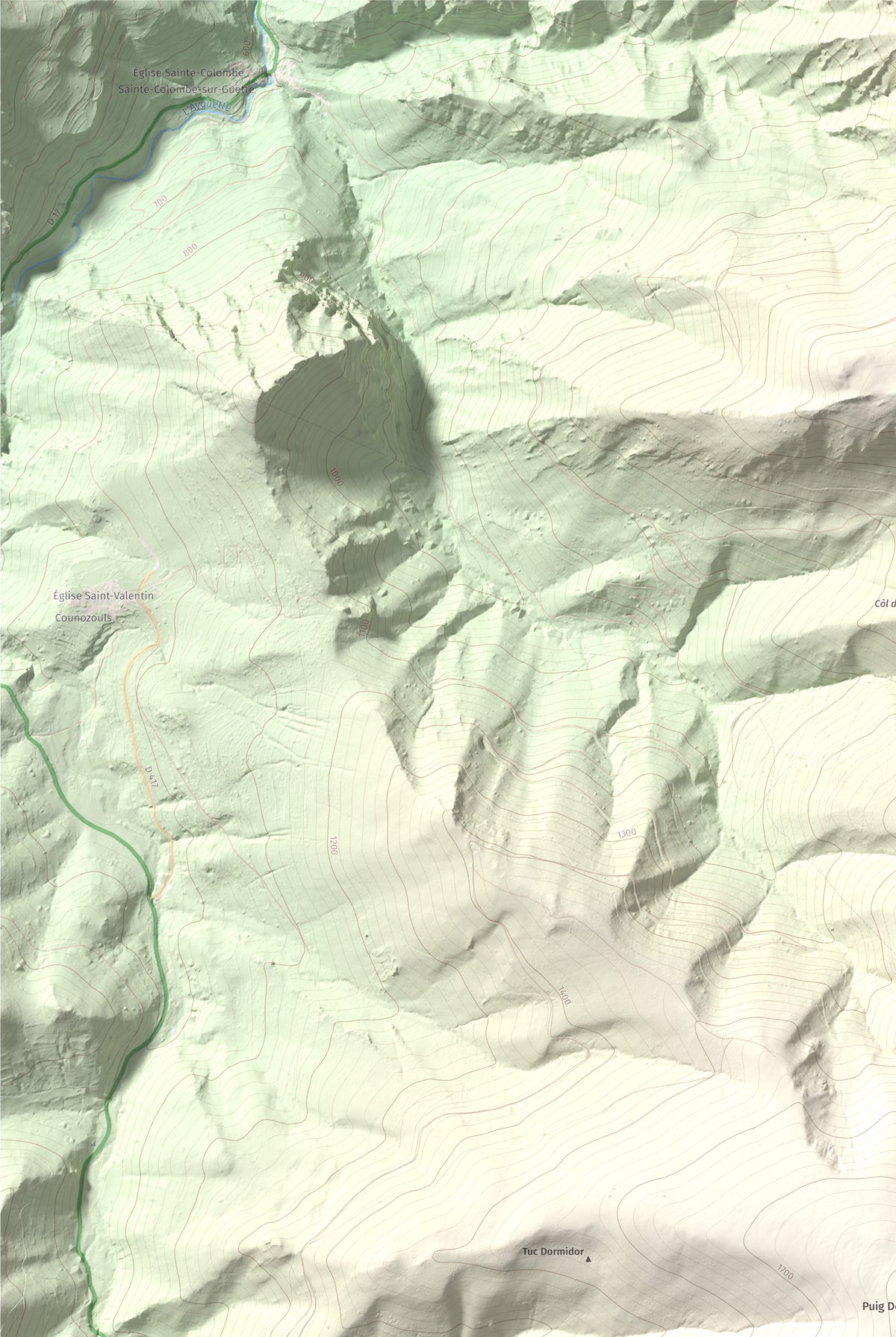 Mapa de relieve de Tuc Dormidor, 1843 m, Conflent, lámina 100 Cims de Trobart. Detalle de la zona superior izquierda. 61 × 91 cm.