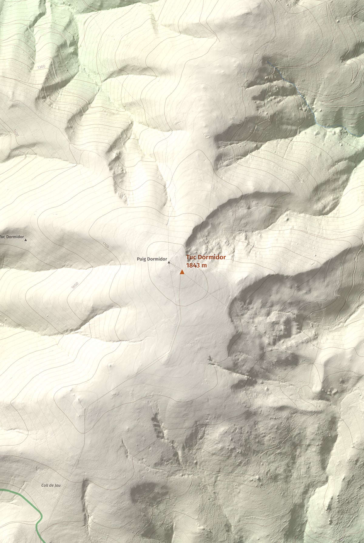 Mapa de relieve de Tuc Dormidor, 1843 m, Conflent, lámina 100 Cims de Trobart. Detalle de la zona central. 61 × 91 cm.