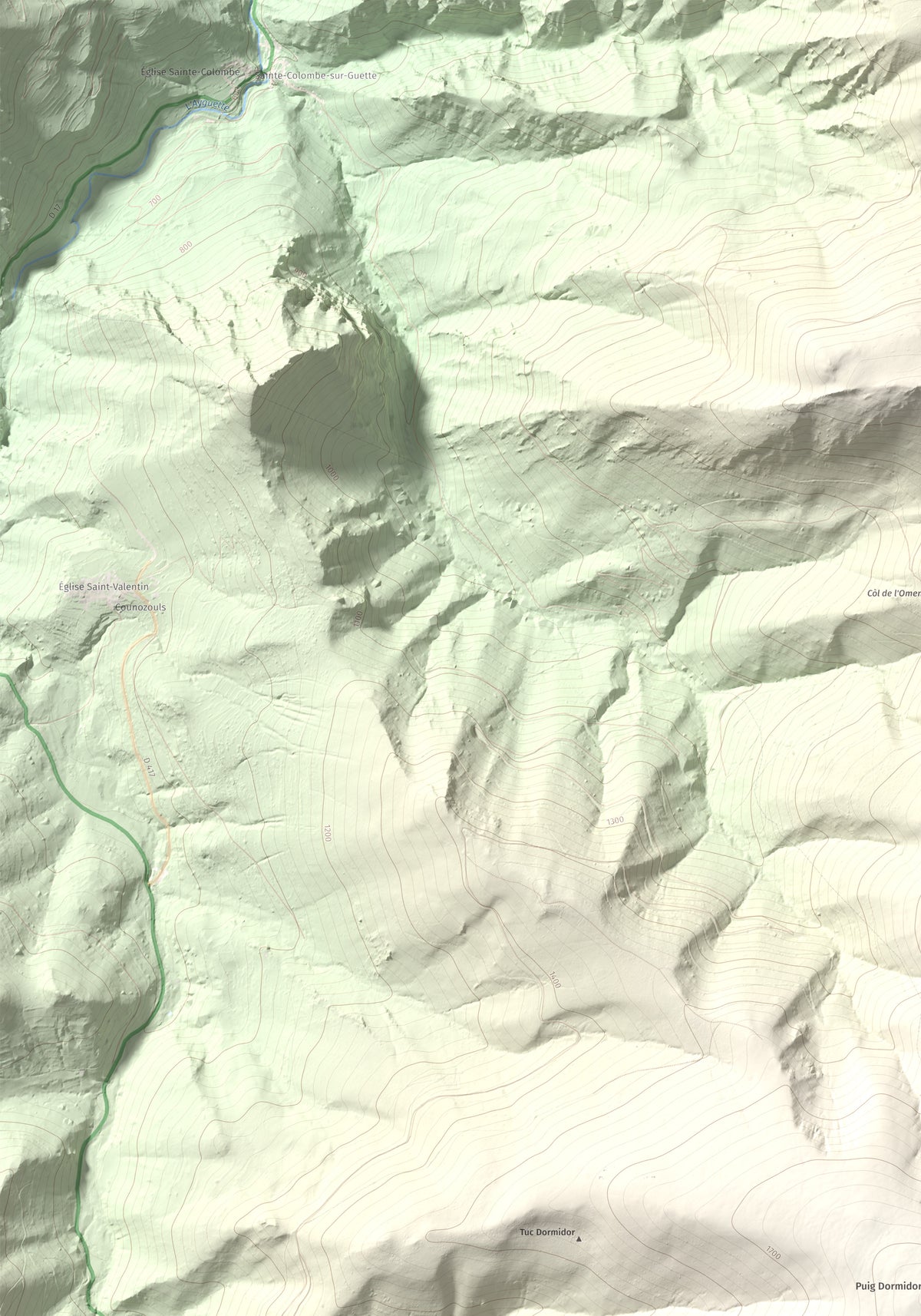 Mapa de relieve de Tuc Dormidor, 1843 m, Conflent, lámina 100 Cims de Trobart. Detalle de la zona superior izquierda. 70 × 100 cm.