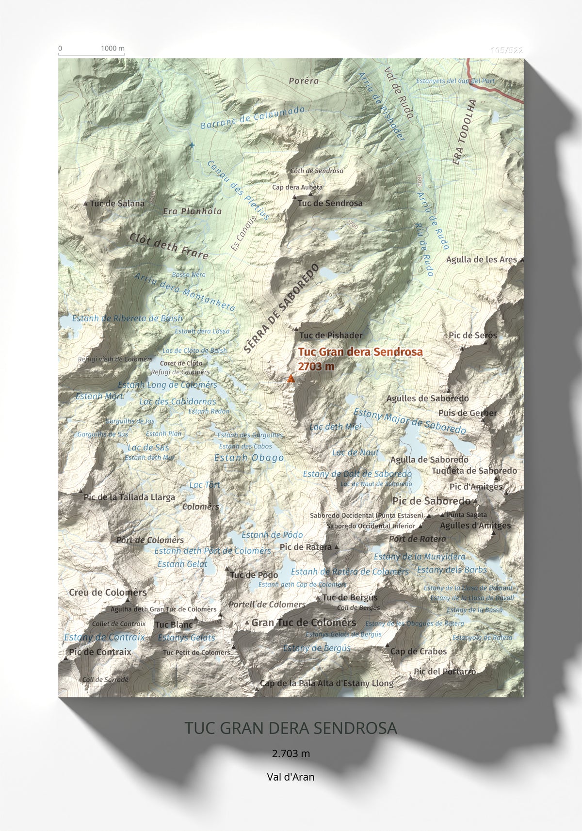 Mapa de relieve de Tuc Gran dera Sendrosa, 2703 m, Val d'Aran, lámina 100 Cims de Trobart 21 × 30 cm.