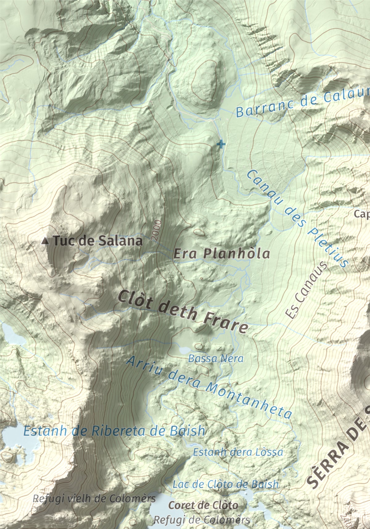 Mapa de relieve de Tuc Gran dera Sendrosa, 2703 m, Val d'Aran, lámina 100 Cims de Trobart. Detalle de la zona superior izquierda. 21 × 30 cm.