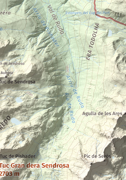 Mapa de relieve de Tuc Gran dera Sendrosa, 2703 m, Val d'Aran, lámina 100 Cims de Trobart. Detalle de la zona superior derecha. 21 × 30 cm.