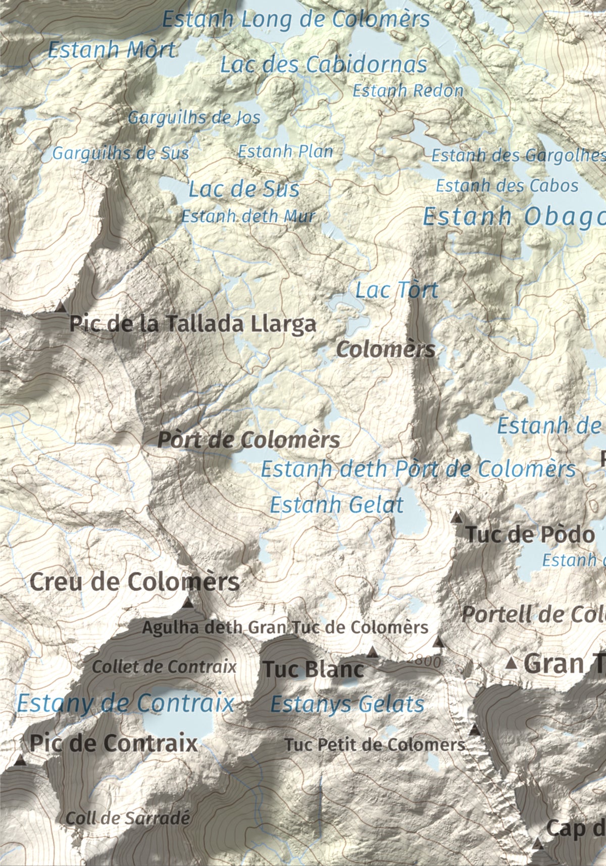 Mapa de relieve de Tuc Gran dera Sendrosa, 2703 m, Val d'Aran, lámina 100 Cims de Trobart. Detalle de la zona inferior izquierda. 21 × 30 cm.