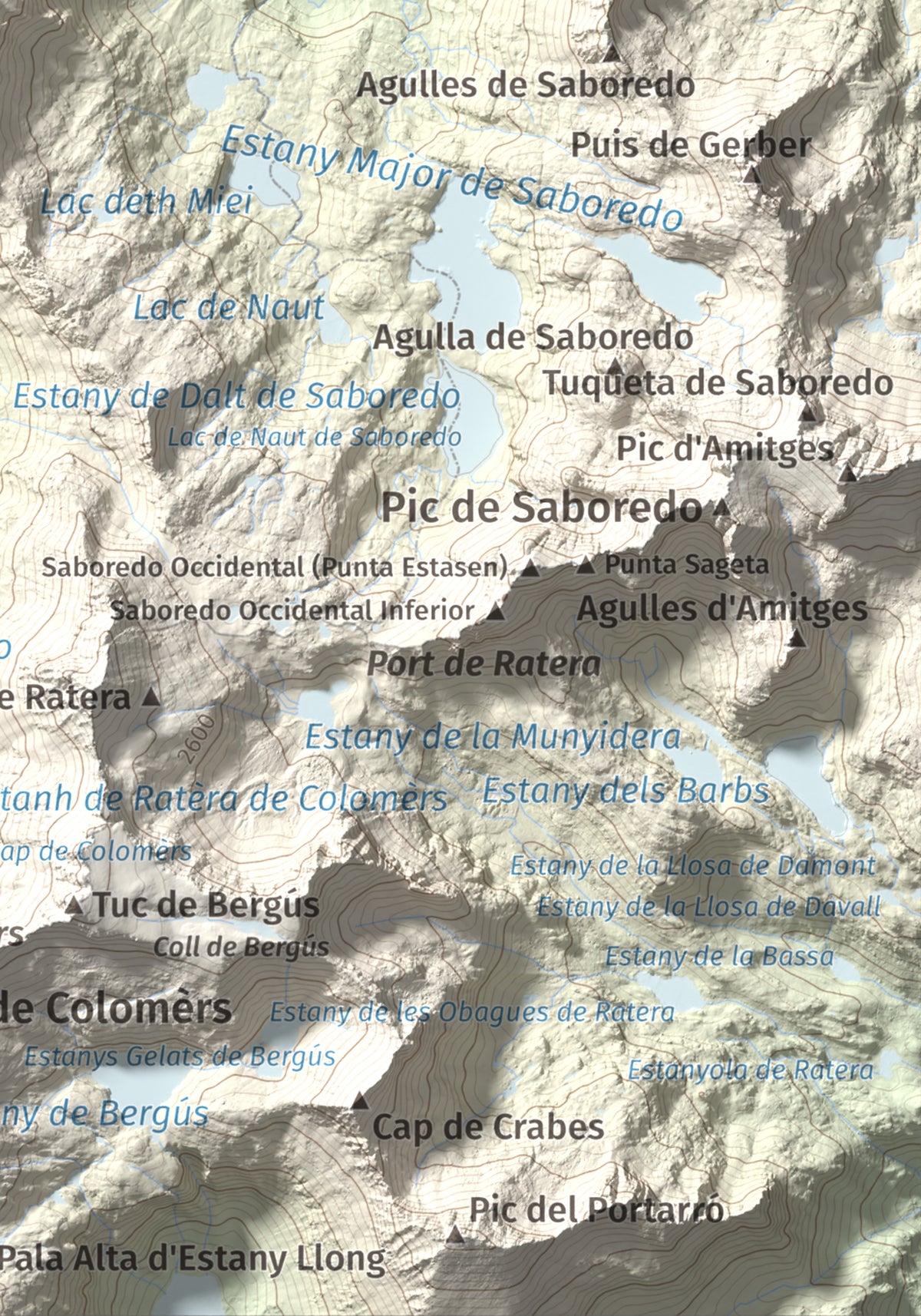 Mapa de relieve de Tuc Gran dera Sendrosa, 2703 m, Val d'Aran, lámina 100 Cims de Trobart. Detalle de la zona inferior derecha. 21 × 30 cm.