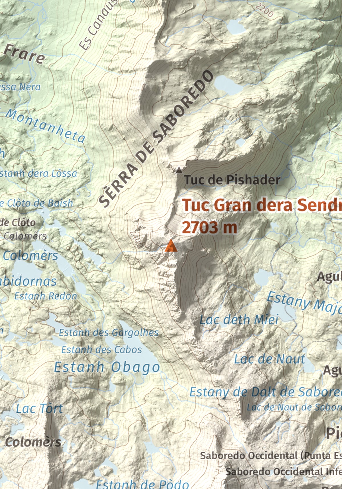 Mapa de relieve de Tuc Gran dera Sendrosa, 2703 m, Val d'Aran, lámina 100 Cims de Trobart. Detalle de la zona central. 21 × 30 cm.