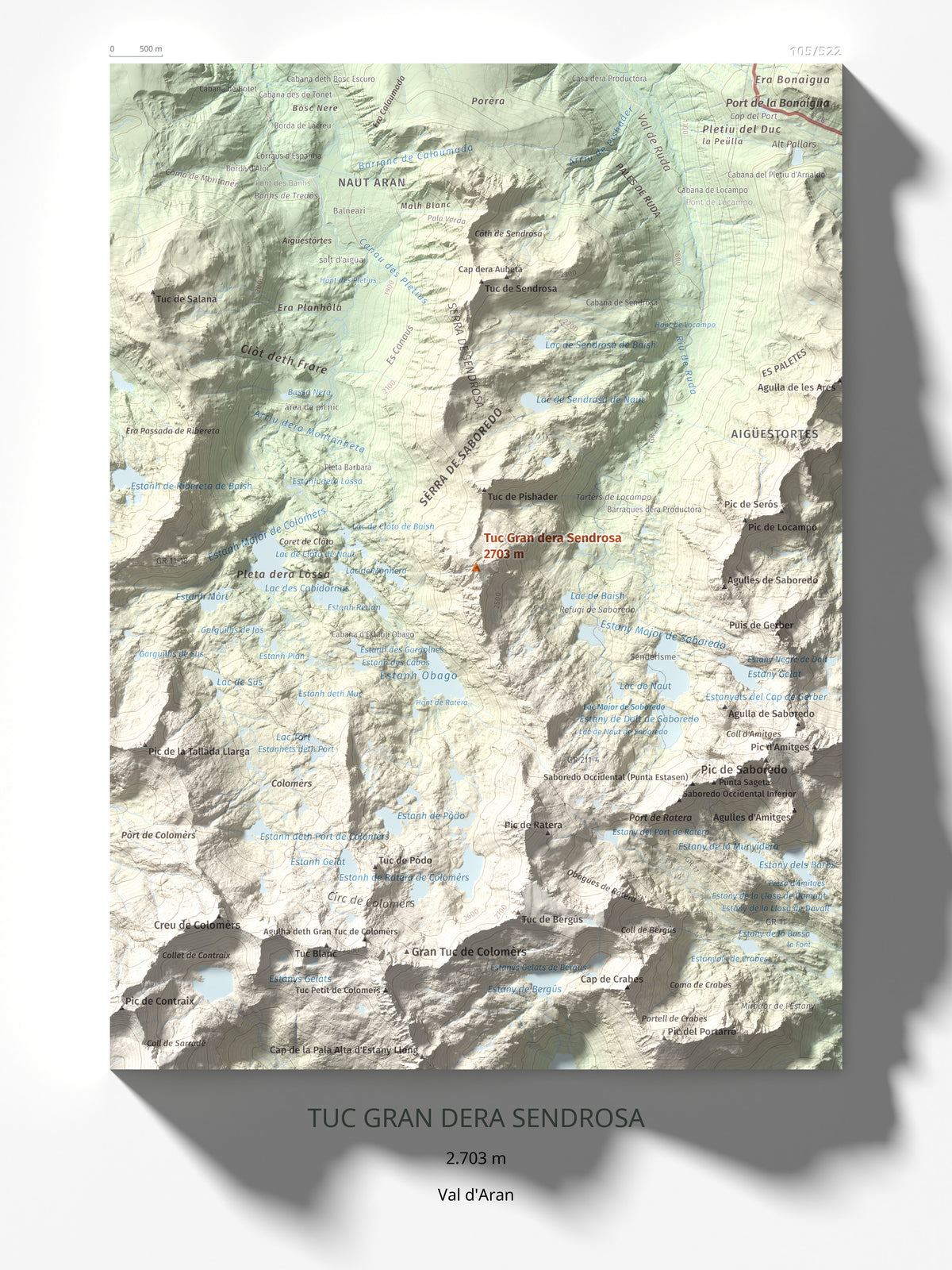 Mapa de relieve de Tuc Gran dera Sendrosa, 2703 m, Val d'Aran, lámina 100 Cims de Trobart 30 × 40 cm.