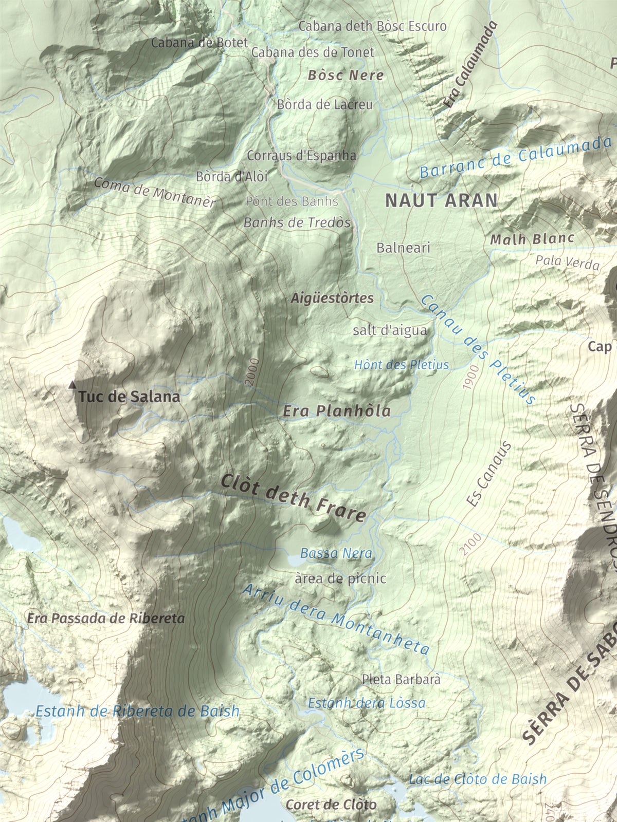 Mapa de relieve de Tuc Gran dera Sendrosa, 2703 m, Val d'Aran, lámina 100 Cims de Trobart. Detalle de la zona superior izquierda. 30 × 40 cm.