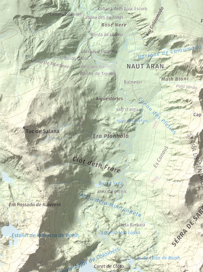 Mapa de relieve de Tuc Gran dera Sendrosa, 2703 m, Val d'Aran, lámina 100 Cims de Trobart. Detalle de la zona superior izquierda. 30 × 40 cm.