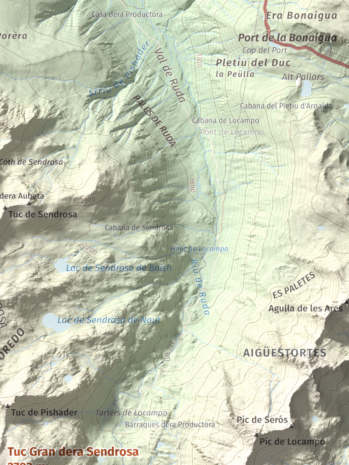 Mapa de relieve de Tuc Gran dera Sendrosa, 2703 m, Val d'Aran, lámina 100 Cims de Trobart. Detalle de la zona superior derecha. 30 × 40 cm.