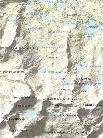 Mapa de relieve de Tuc Gran dera Sendrosa, 2703 m, Val d'Aran, lámina 100 Cims de Trobart. Detalle de la zona inferior izquierda. 30 × 40 cm.