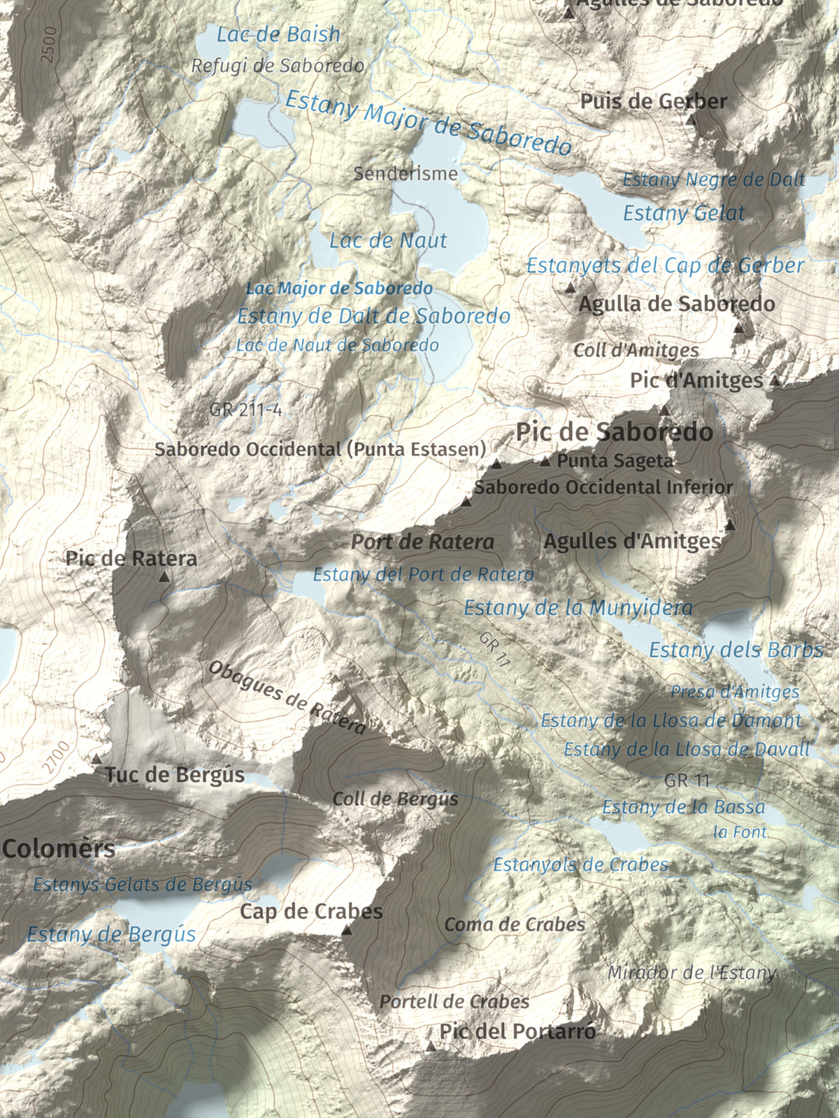 Mapa de relieve de Tuc Gran dera Sendrosa, 2703 m, Val d'Aran, lámina 100 Cims de Trobart. Detalle de la zona inferior derecha. 30 × 40 cm.