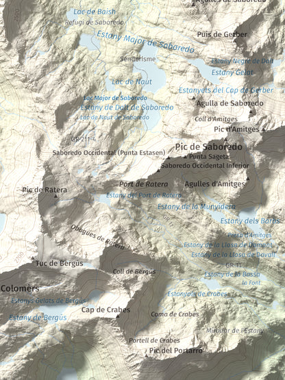 Mapa de relieve de Tuc Gran dera Sendrosa, 2703 m, Val d'Aran, lámina 100 Cims de Trobart. Detalle de la zona inferior derecha. 30 × 40 cm.