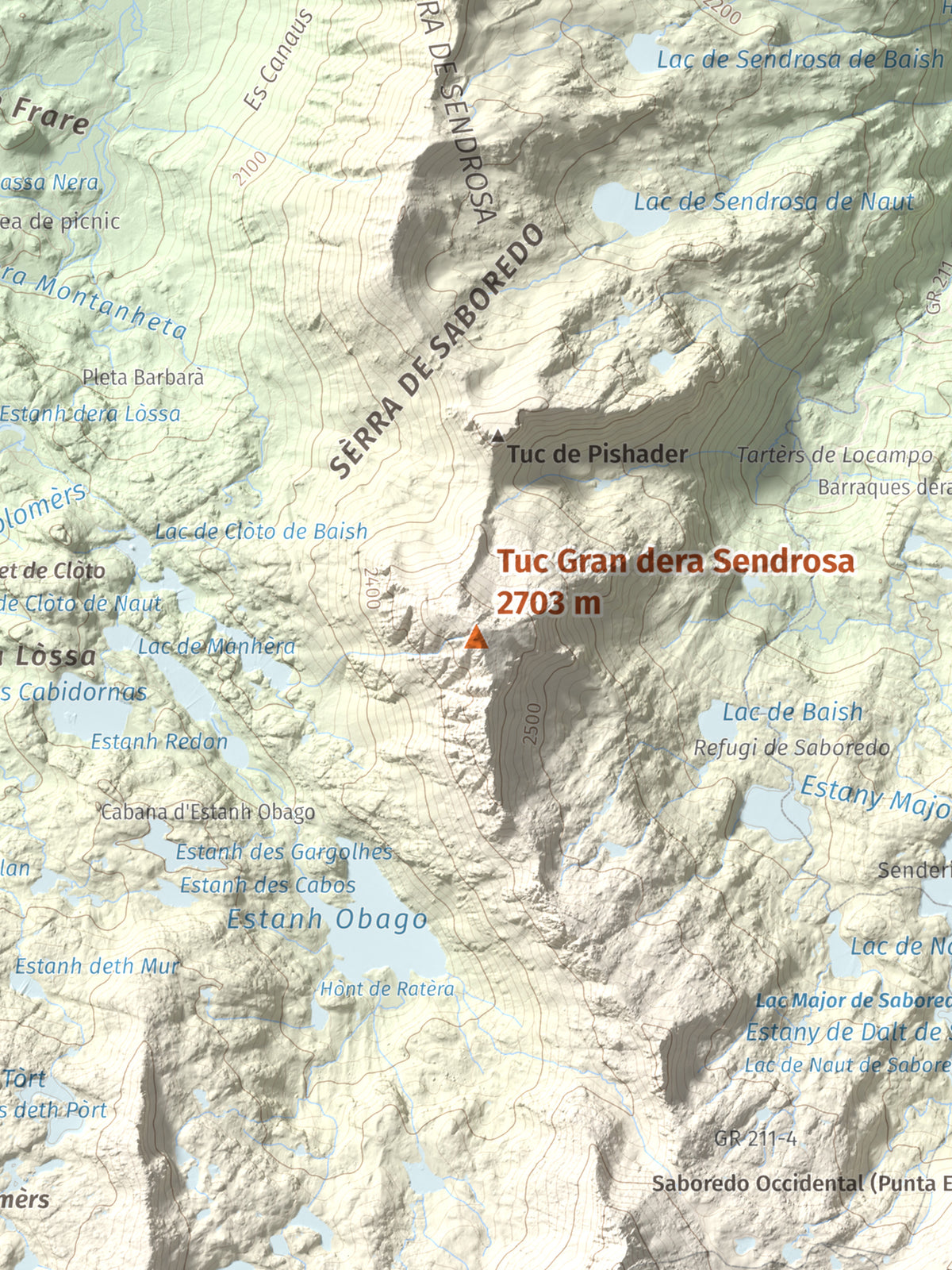 Mapa de relieve de Tuc Gran dera Sendrosa, 2703 m, Val d'Aran, lámina 100 Cims de Trobart. Detalle de la zona central. 30 × 40 cm.