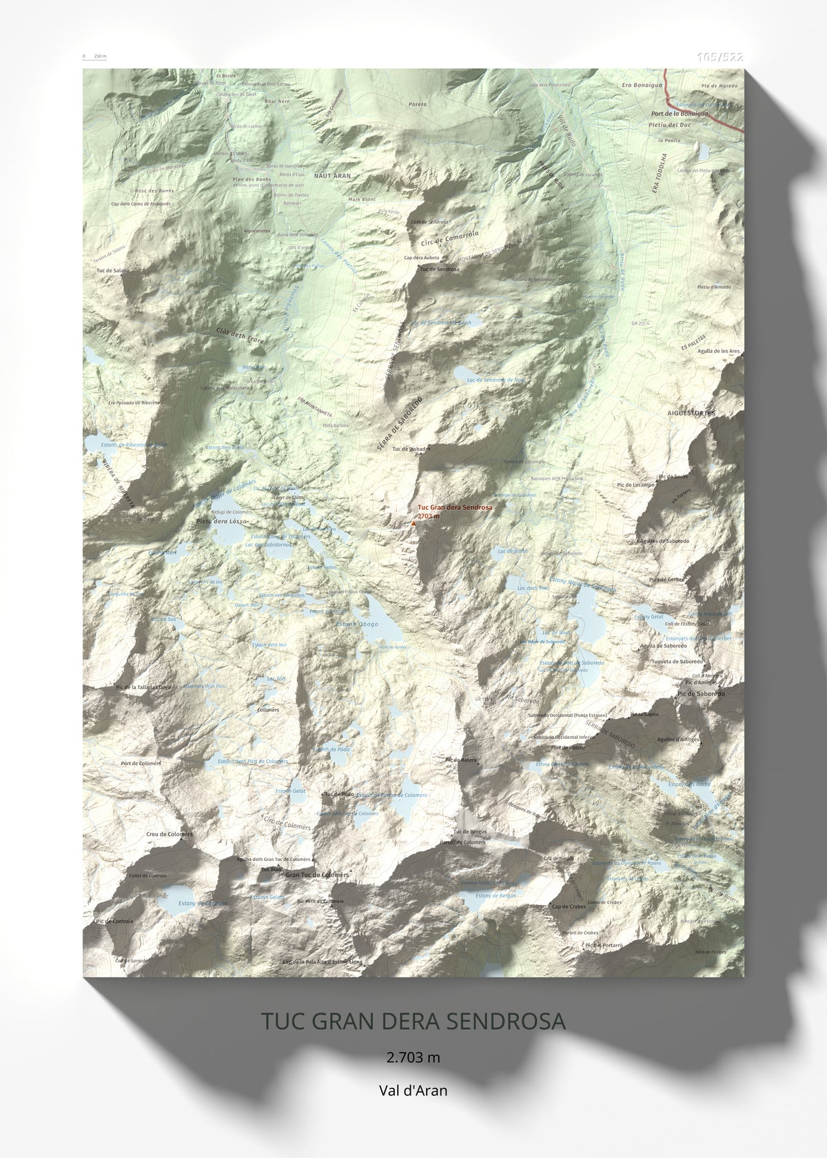 Mapa de relieve de Tuc Gran dera Sendrosa, 2703 m, Val d'Aran, lámina 100 Cims de Trobart 50 × 70 cm.