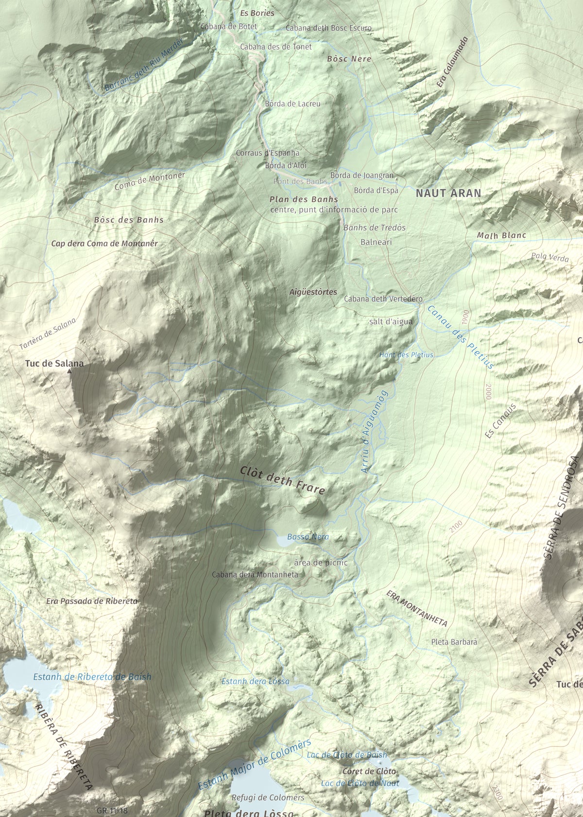 Mapa de relieve de Tuc Gran dera Sendrosa, 2703 m, Val d'Aran, lámina 100 Cims de Trobart. Detalle de la zona superior izquierda. 50 × 70 cm.