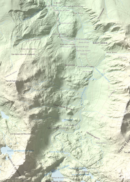 Mapa de relieve de Tuc Gran dera Sendrosa, 2703 m, Val d'Aran, lámina 100 Cims de Trobart. Detalle de la zona superior izquierda. 50 × 70 cm.