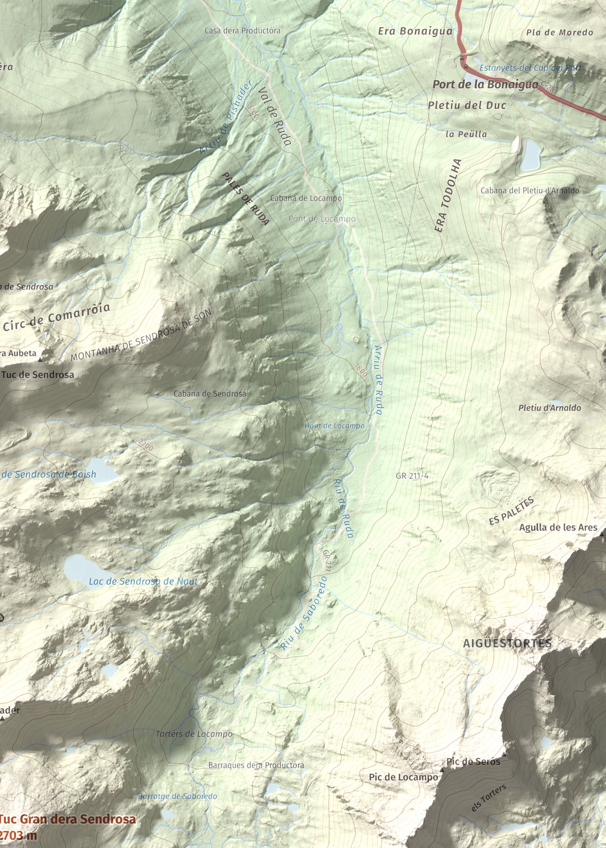 Mapa de relieve de Tuc Gran dera Sendrosa, 2703 m, Val d'Aran, lámina 100 Cims de Trobart. Detalle de la zona superior derecha. 50 × 70 cm.