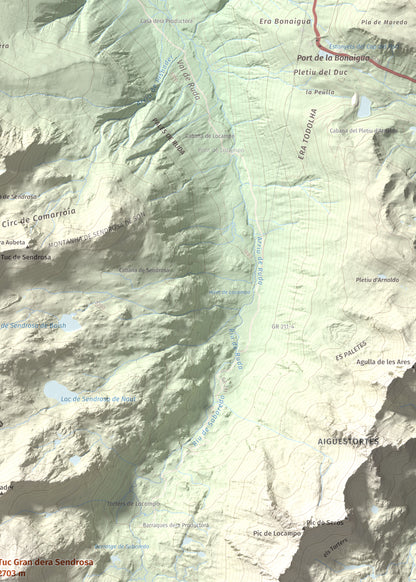 Mapa de relieve de Tuc Gran dera Sendrosa, 2703 m, Val d'Aran, lámina 100 Cims de Trobart. Detalle de la zona superior derecha. 50 × 70 cm.