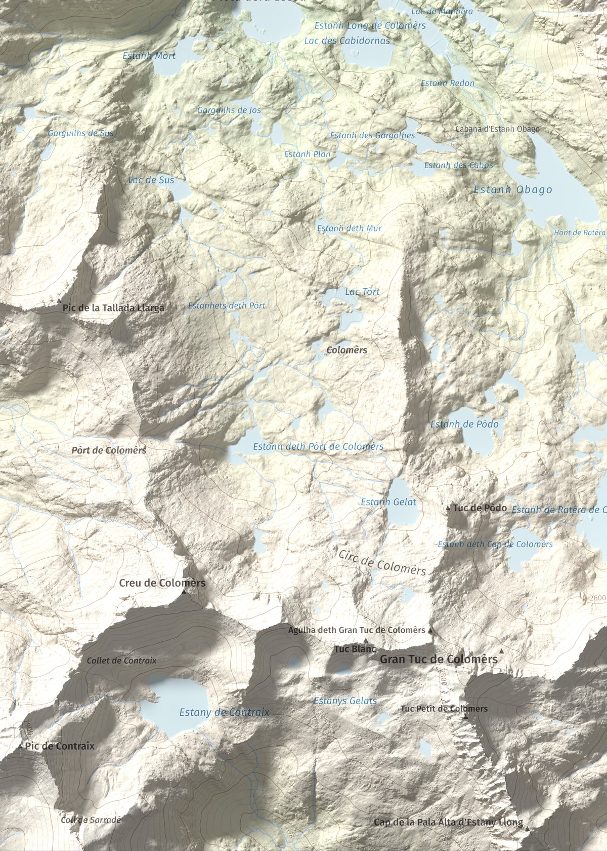 Mapa de relieve de Tuc Gran dera Sendrosa, 2703 m, Val d'Aran, lámina 100 Cims de Trobart. Detalle de la zona inferior izquierda. 50 × 70 cm.