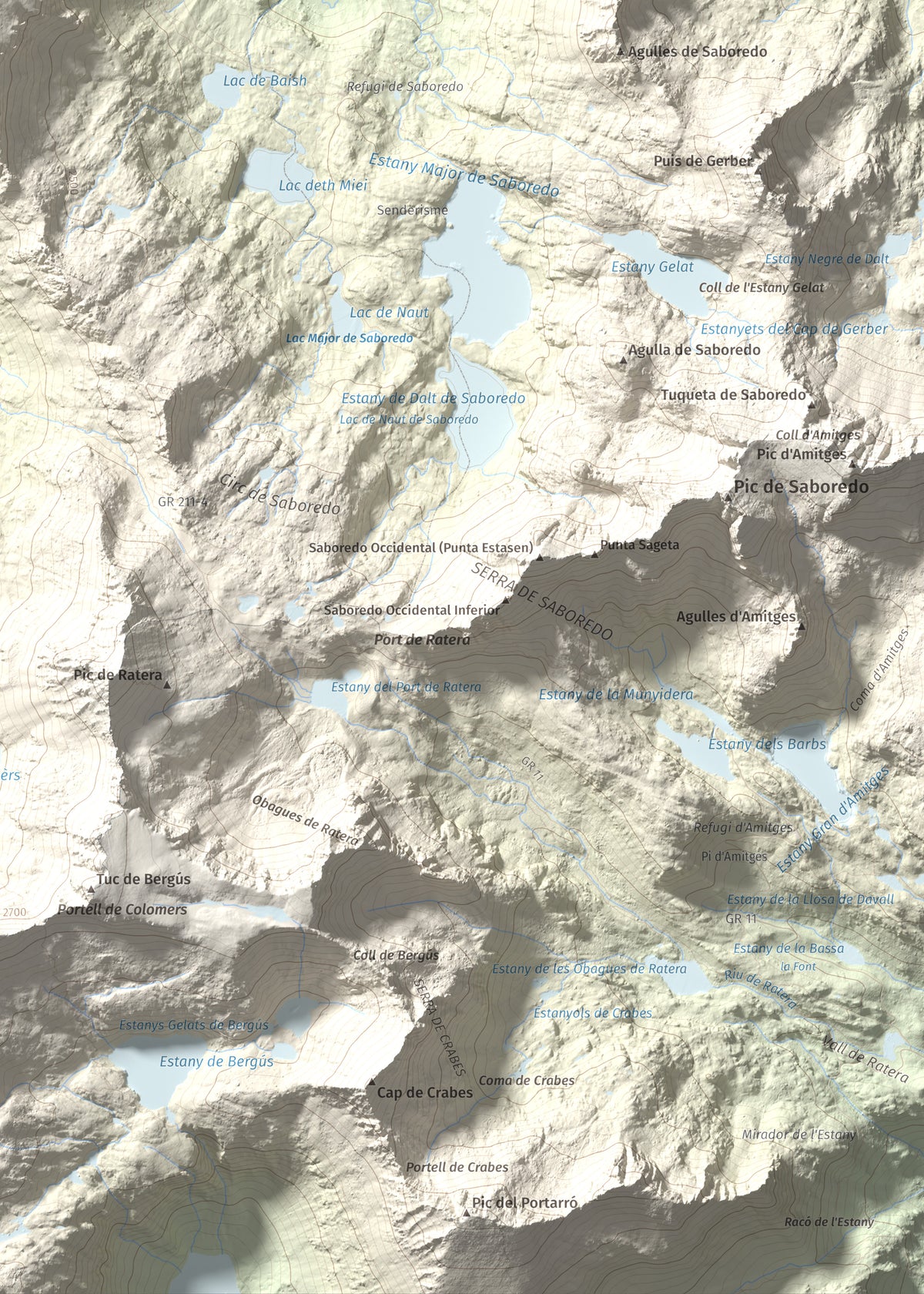 Mapa de relieve de Tuc Gran dera Sendrosa, 2703 m, Val d'Aran, lámina 100 Cims de Trobart. Detalle de la zona inferior derecha. 50 × 70 cm.
