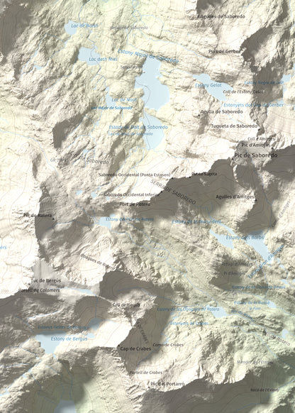 Mapa de relieve de Tuc Gran dera Sendrosa, 2703 m, Val d'Aran, lámina 100 Cims de Trobart. Detalle de la zona inferior derecha. 50 × 70 cm.