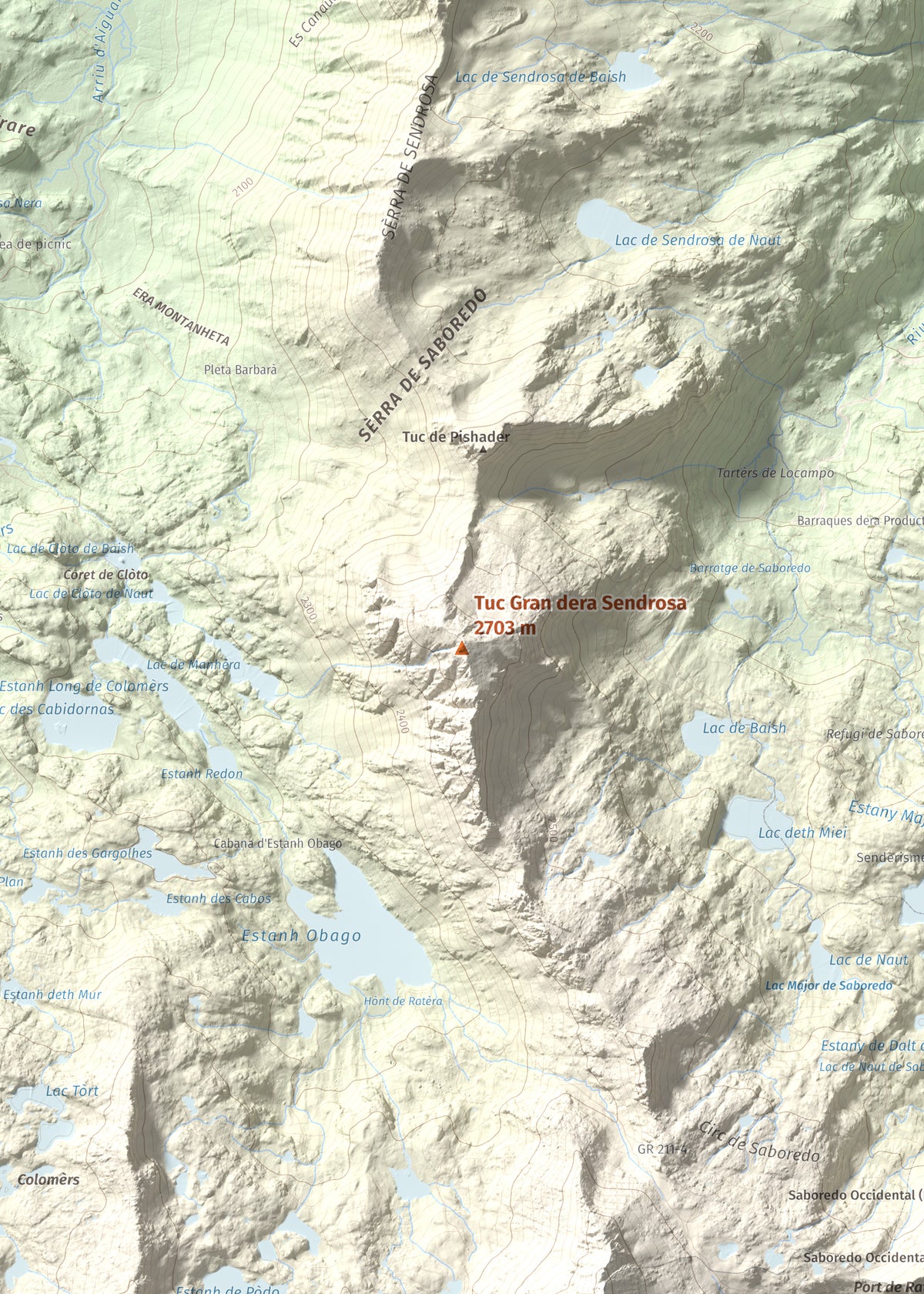 Mapa de relieve de Tuc Gran dera Sendrosa, 2703 m, Val d'Aran, lámina 100 Cims de Trobart. Detalle de la zona central. 50 × 70 cm.