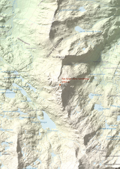 Mapa de relieve de Tuc Gran dera Sendrosa, 2703 m, Val d'Aran, lámina 100 Cims de Trobart. Detalle de la zona central. 50 × 70 cm.