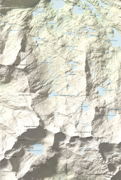 Mapa de relieve de Tuc Gran dera Sendrosa, 2703 m, Val d'Aran, lámina 100 Cims de Trobart. Detalle de la zona inferior izquierda. 61 × 91 cm.