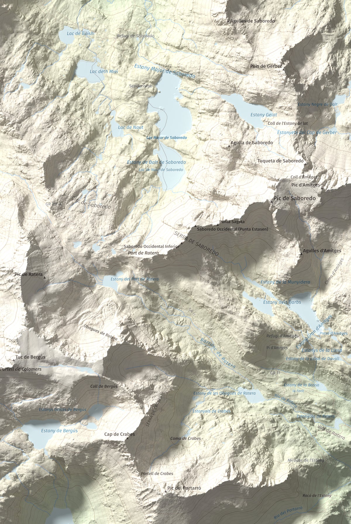 Mapa de relieve de Tuc Gran dera Sendrosa, 2703 m, Val d'Aran, lámina 100 Cims de Trobart. Detalle de la zona inferior derecha. 61 × 91 cm.