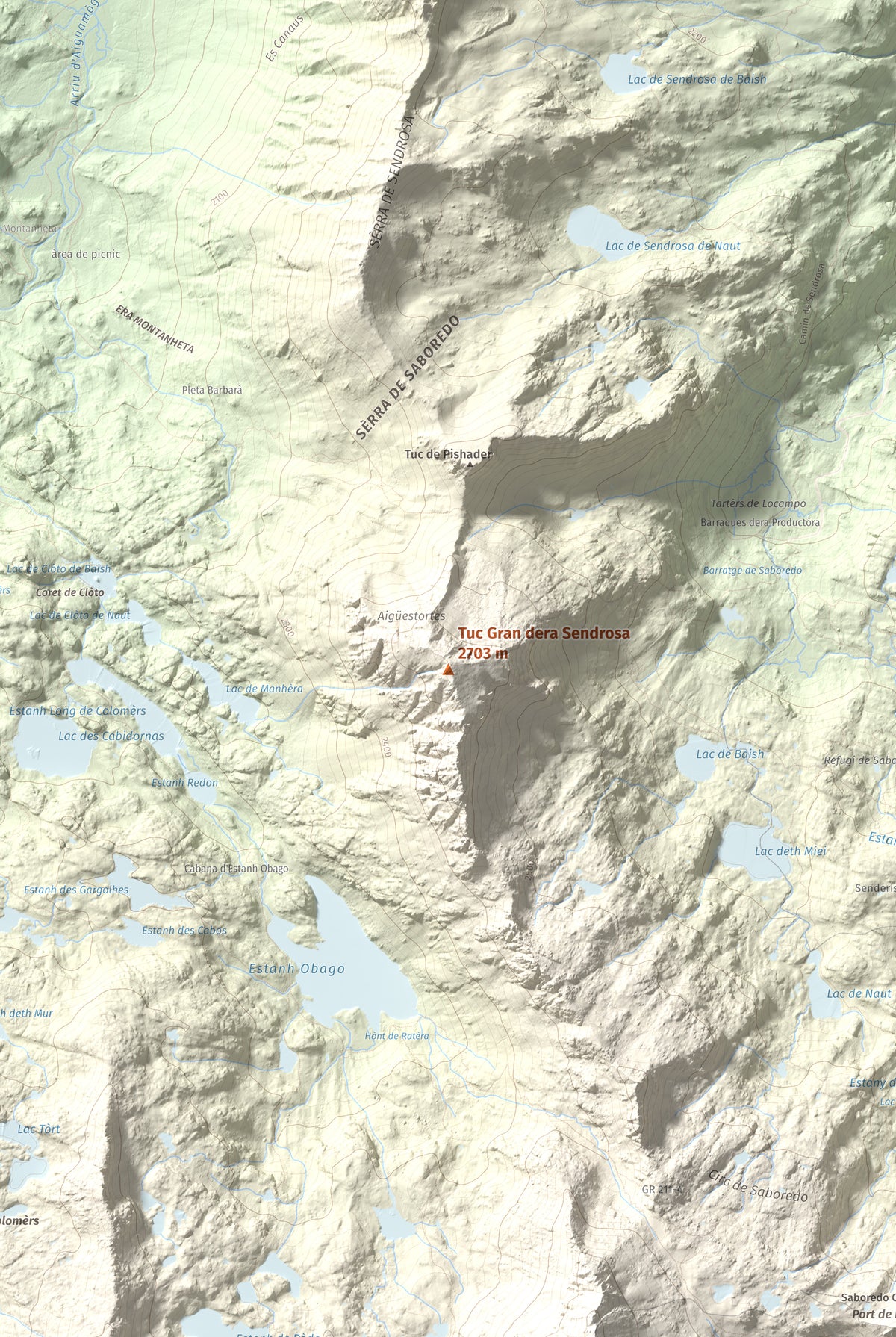 Mapa de relieve de Tuc Gran dera Sendrosa, 2703 m, Val d'Aran, lámina 100 Cims de Trobart. Detalle de la zona central. 61 × 91 cm.