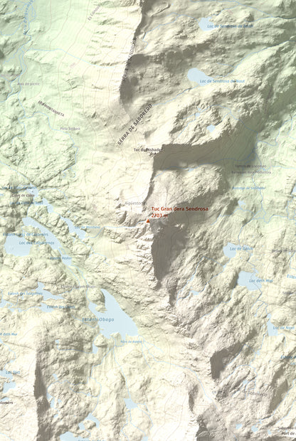Mapa de relieve de Tuc Gran dera Sendrosa, 2703 m, Val d'Aran, lámina 100 Cims de Trobart. Detalle de la zona central. 61 × 91 cm.