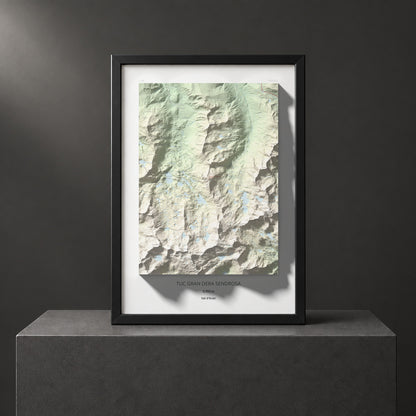 Mapa de relieve de Tuc Gran dera Sendrosa, 2703 m, Val d'Aran, lámina 100 Cims de Trobart. Presentación enmarcada. 70 × 100 cm.