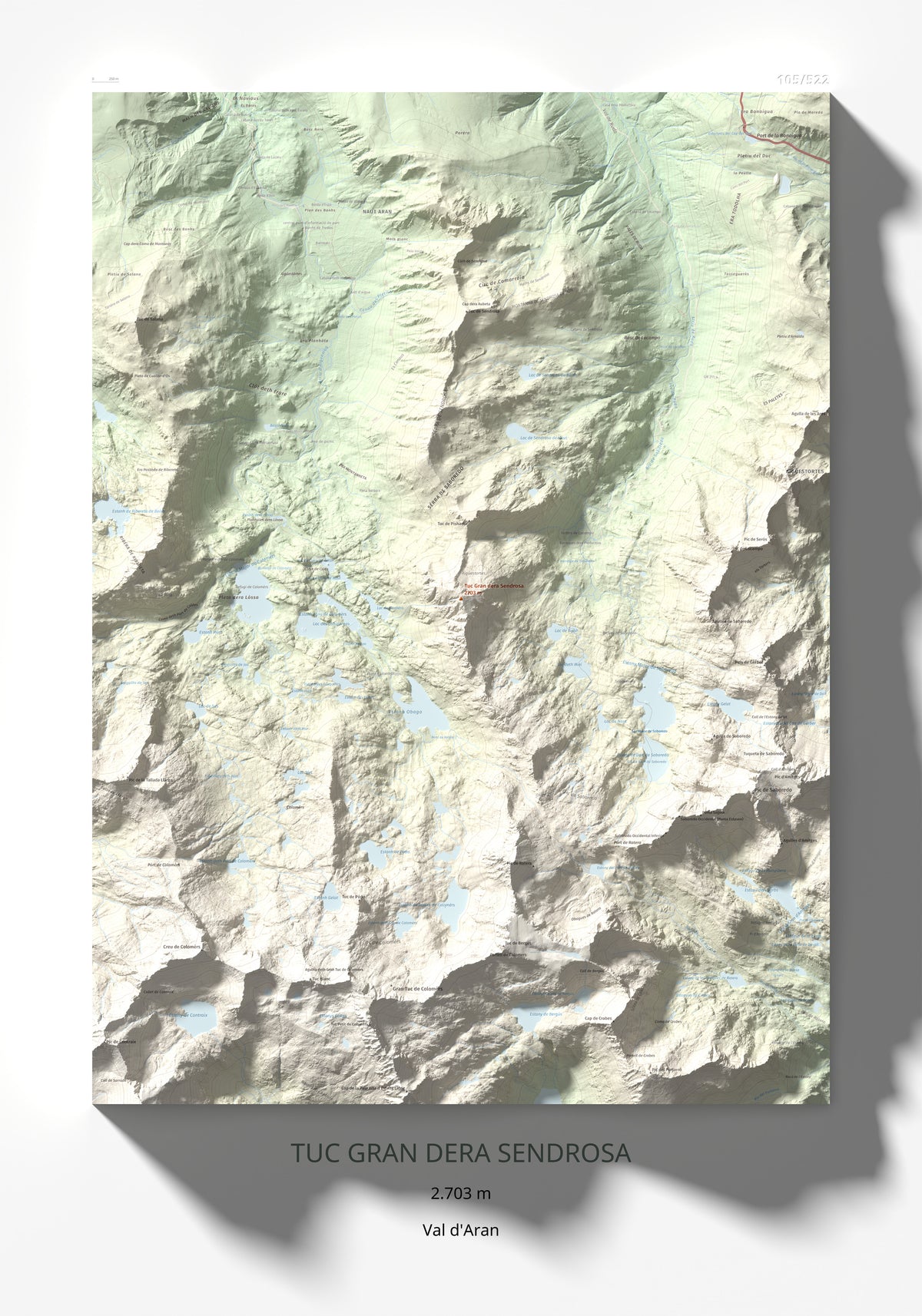 Mapa de relieve de Tuc Gran dera Sendrosa, 2703 m, Val d'Aran, lámina 100 Cims de Trobart 70 × 100 cm.