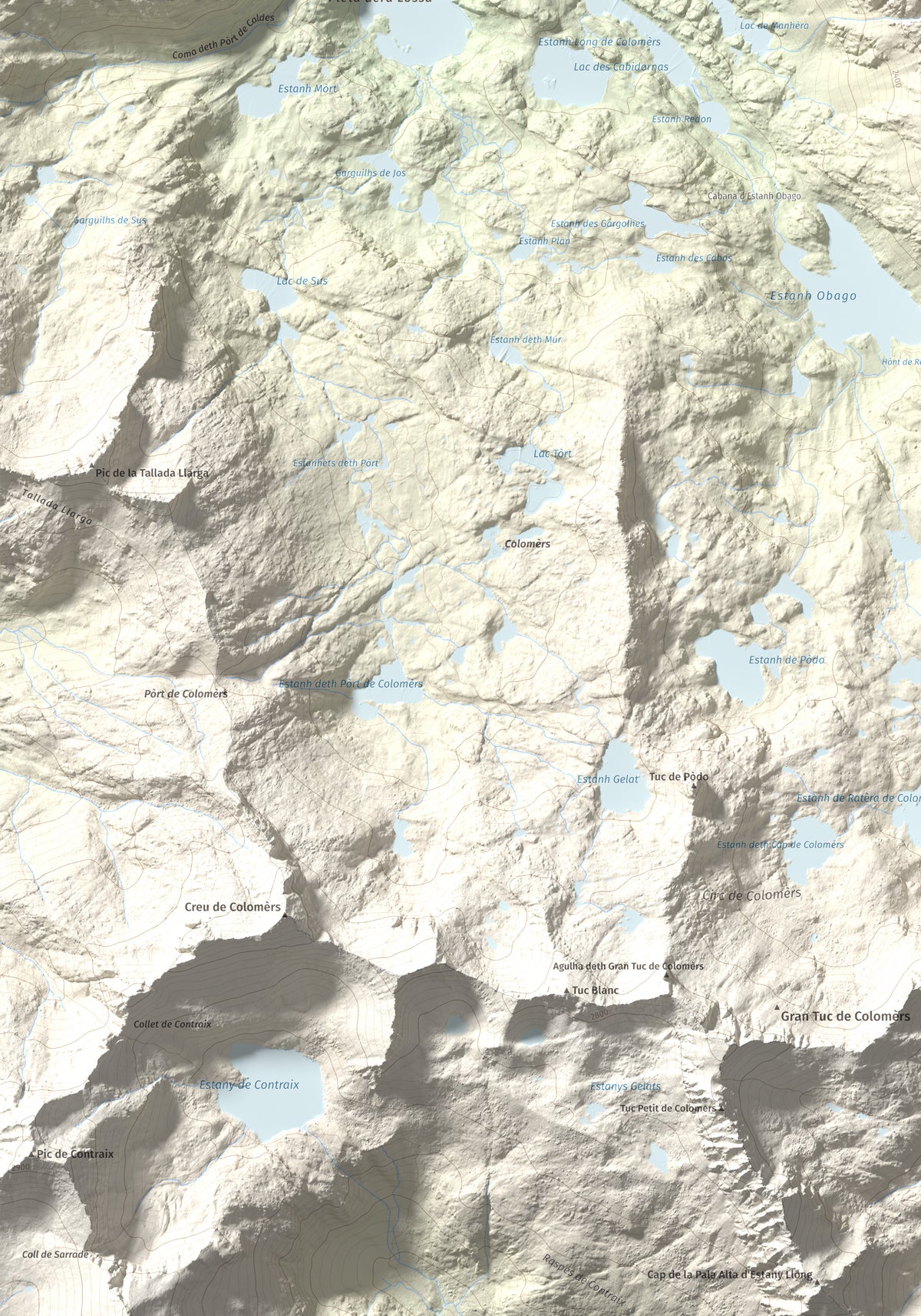 Mapa de relieve de Tuc Gran dera Sendrosa, 2703 m, Val d'Aran, lámina 100 Cims de Trobart. Detalle de la zona inferior izquierda. 70 × 100 cm.